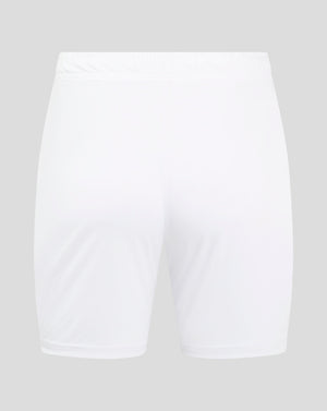 White men's match shorts with elastic waistband and drawcord channel and heat sealed Castore logo