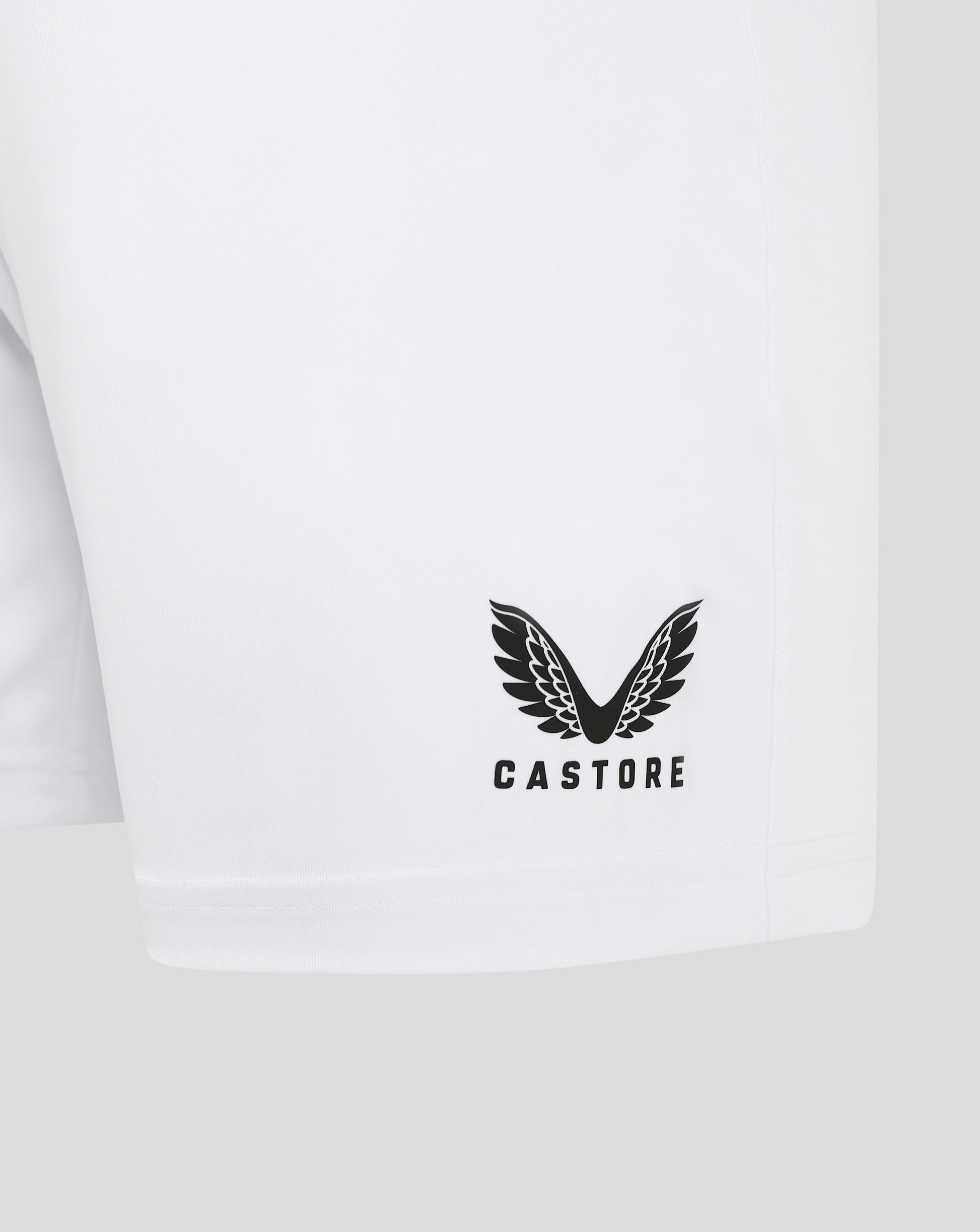 White men's match shorts with elastic waistband and drawcord channel and heat sealed Castore logo