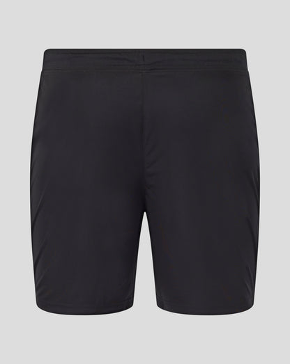 Black Leicester Tigers training shorts with white logos on both leg hems
