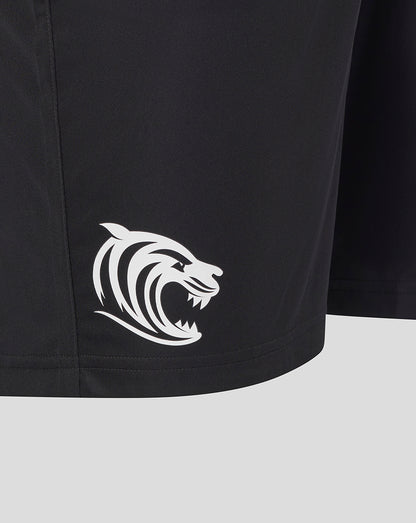 Close up of black Leicester Tigers training shorts with a white tiger logo at the hem