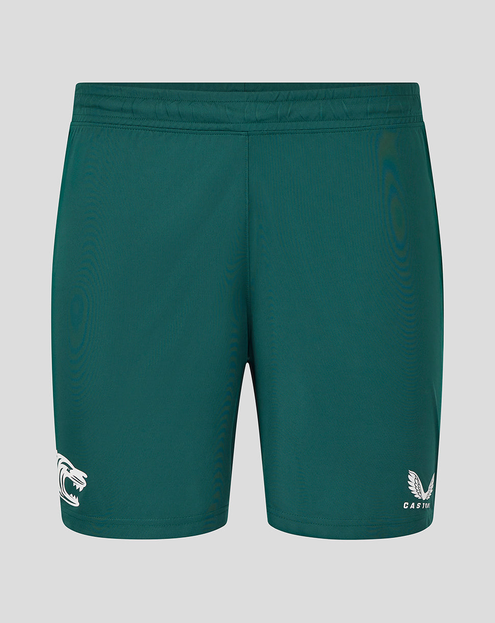 Back view of green botanical Leicester Tigers training shorts with an elastic waistband