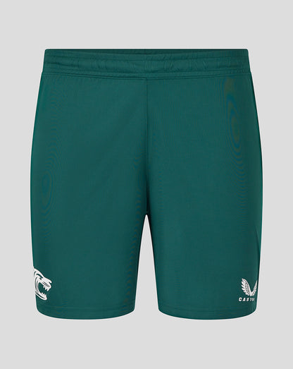 Back view of green botanical Leicester Tigers training shorts with an elastic waistband