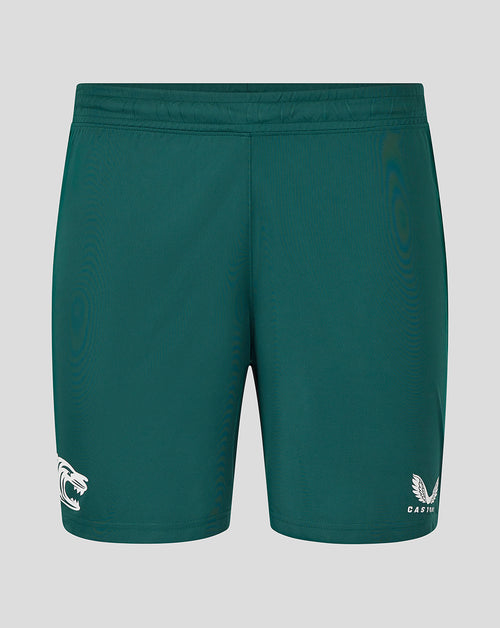 Back view of green botanical Leicester Tigers training shorts with an elastic waistband