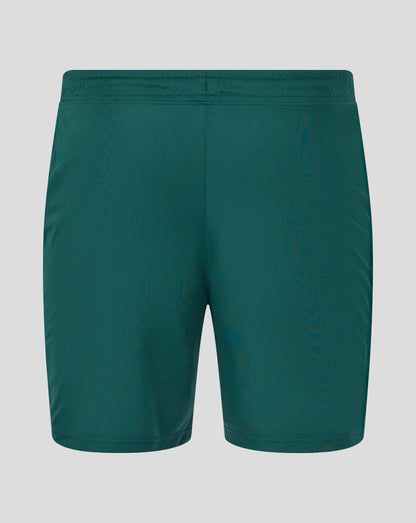 Front view of green botanical training shorts with white logos on each leg