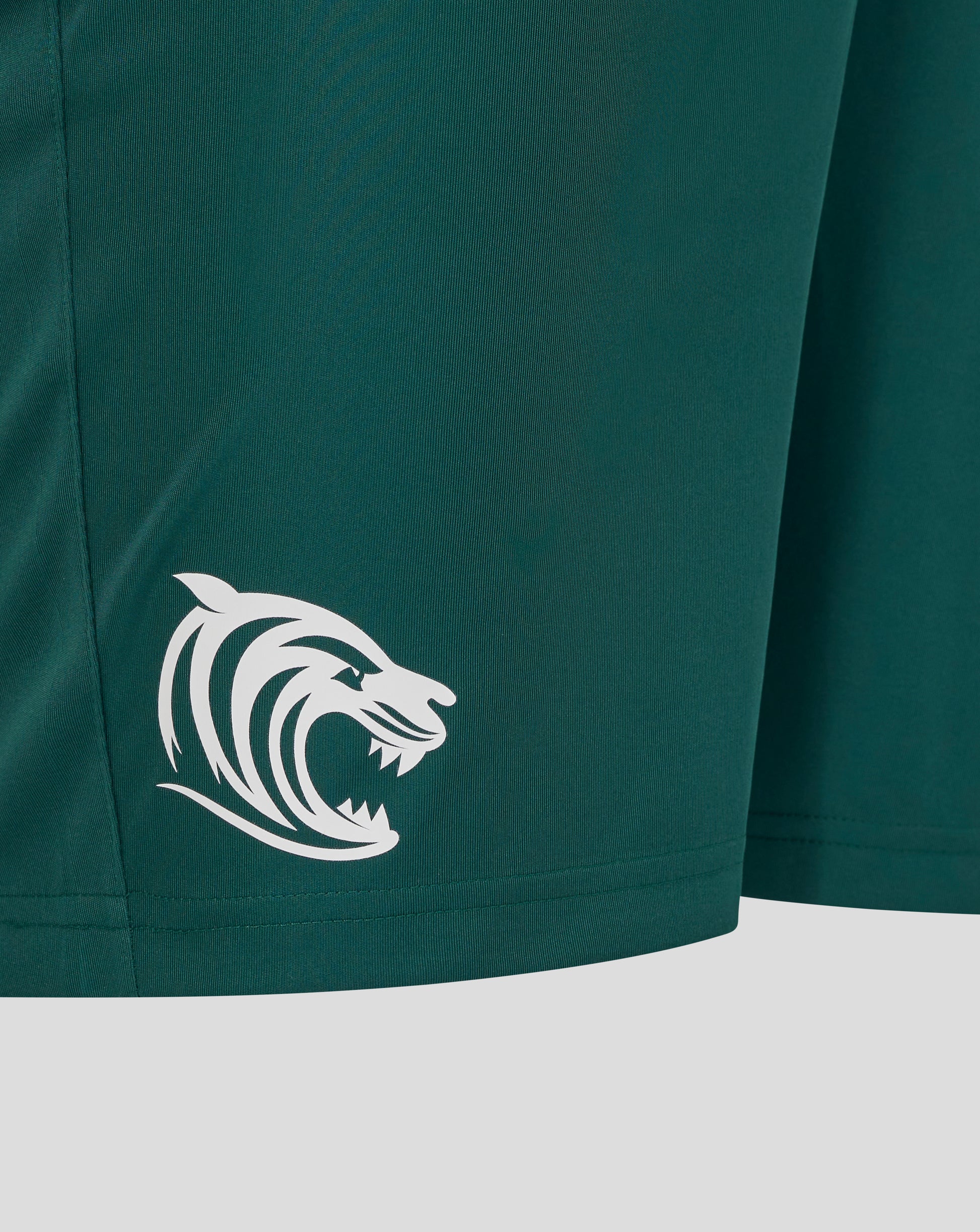Leicester Tigers training shorts Botanical green with a white tiger logo at the hem
