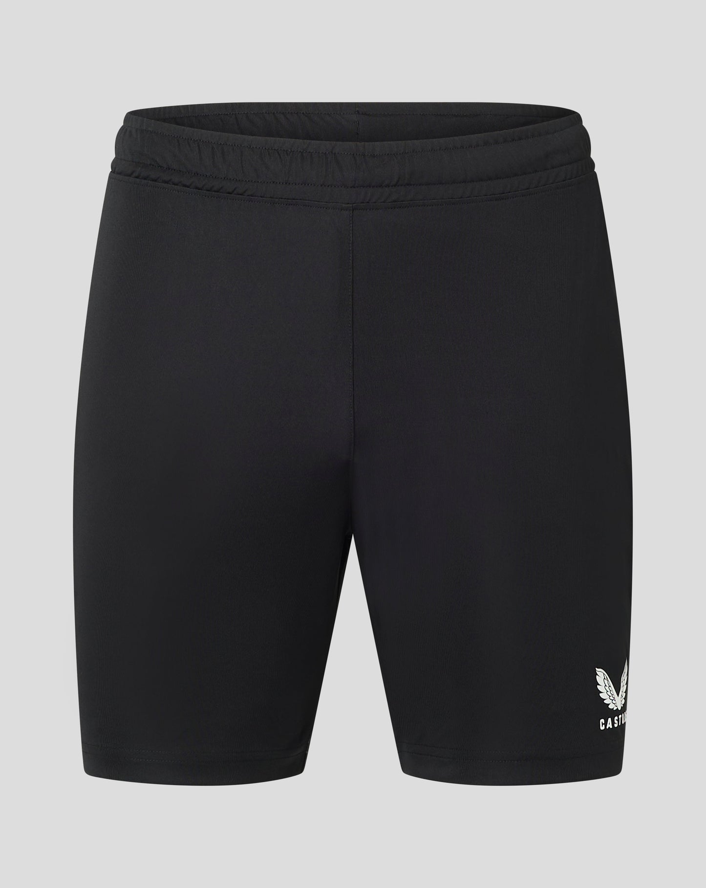 Close up of black Mens Match Short waistband with elastic and drawcord channel and heat sealed Castore logo