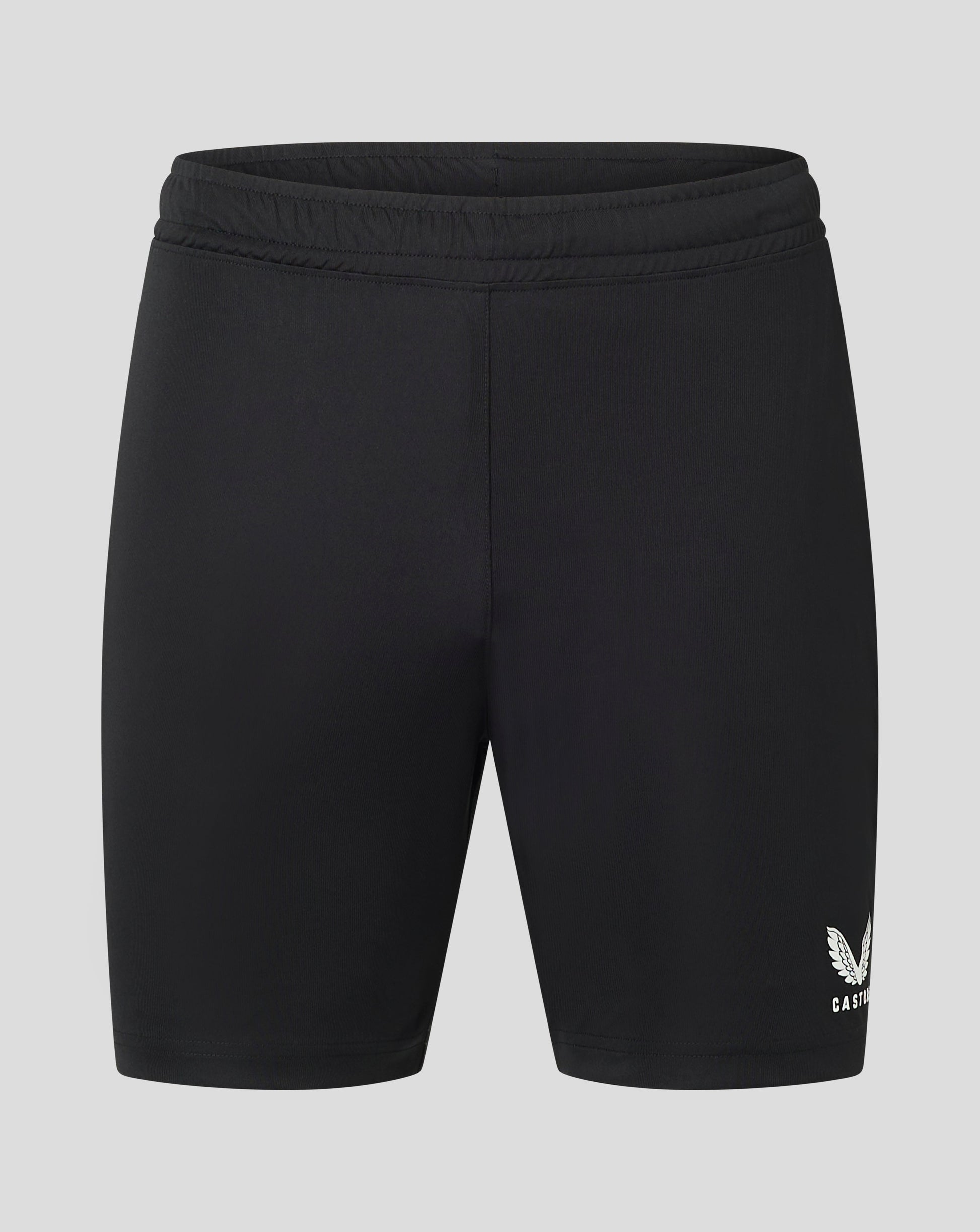 Close up of black Mens Match Short waistband with elastic and drawcord channel and heat sealed Castore logo