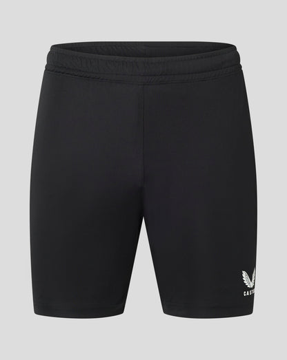Close up of black Mens Match Short waistband with elastic and drawcord channel and heat sealed Castore logo