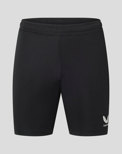 Close up of black Mens Match Short waistband with elastic and drawcord channel and heat sealed Castore logo