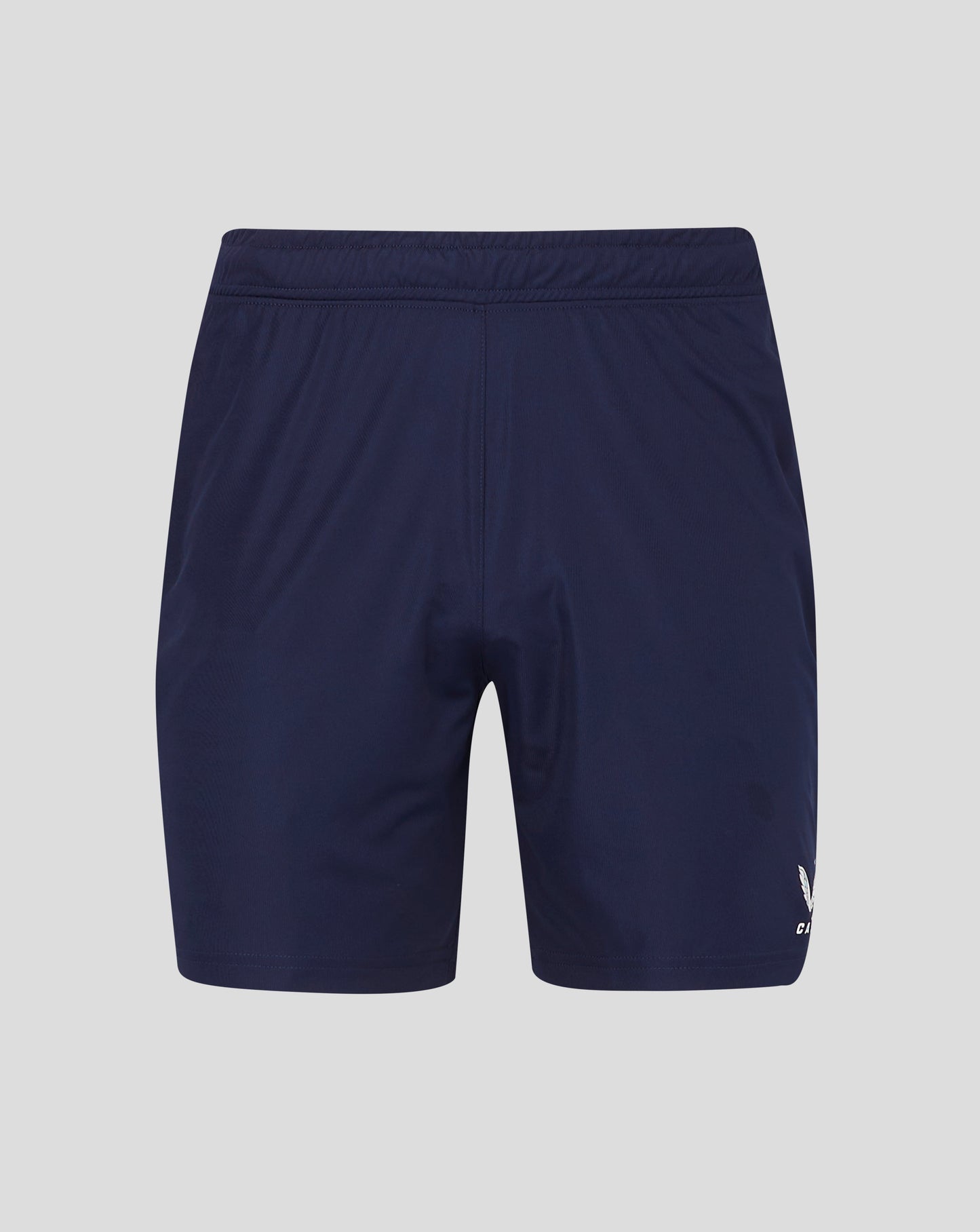 Back view of navy mens match shorts with elastic waistband and drawcord channel and heat sealed Castore logo