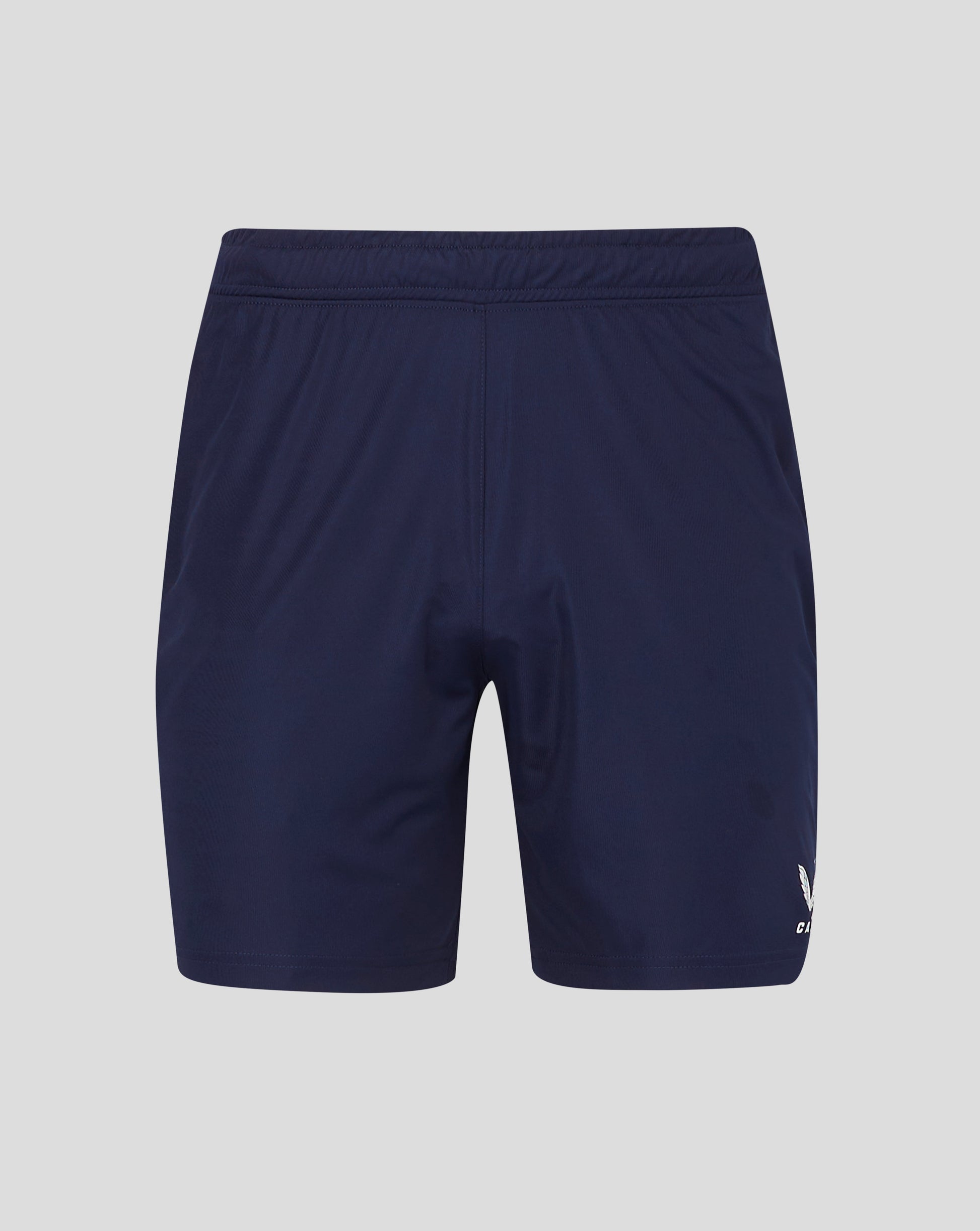 Back view of navy mens match shorts with elastic waistband and drawcord channel and heat sealed Castore logo
