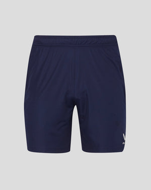 Back view of navy mens match shorts with elastic waistband and drawcord channel and heat sealed Castore logo