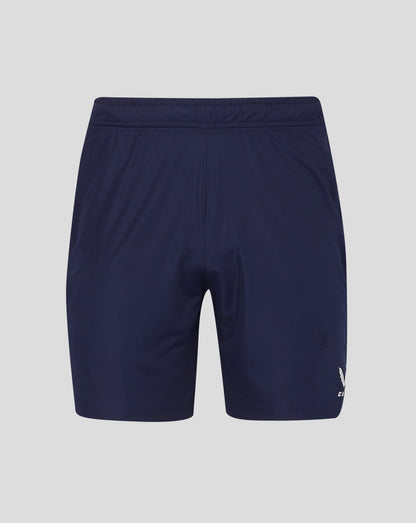 Back view of navy mens match shorts with elastic waistband and drawcord channel and heat sealed Castore logo