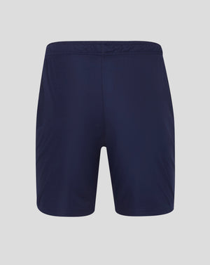 Rear view of navy shorts showing waistband and small Castore logo on the lower leg