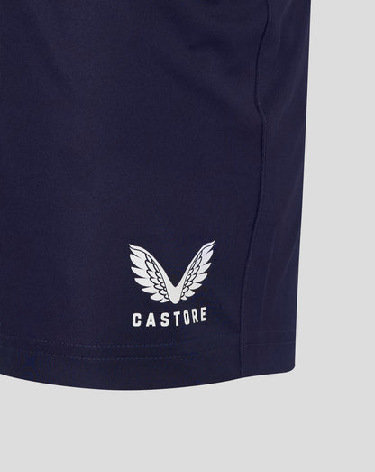 Back of navy shorts with large Castore emblem and CASTORE text on the lower leg