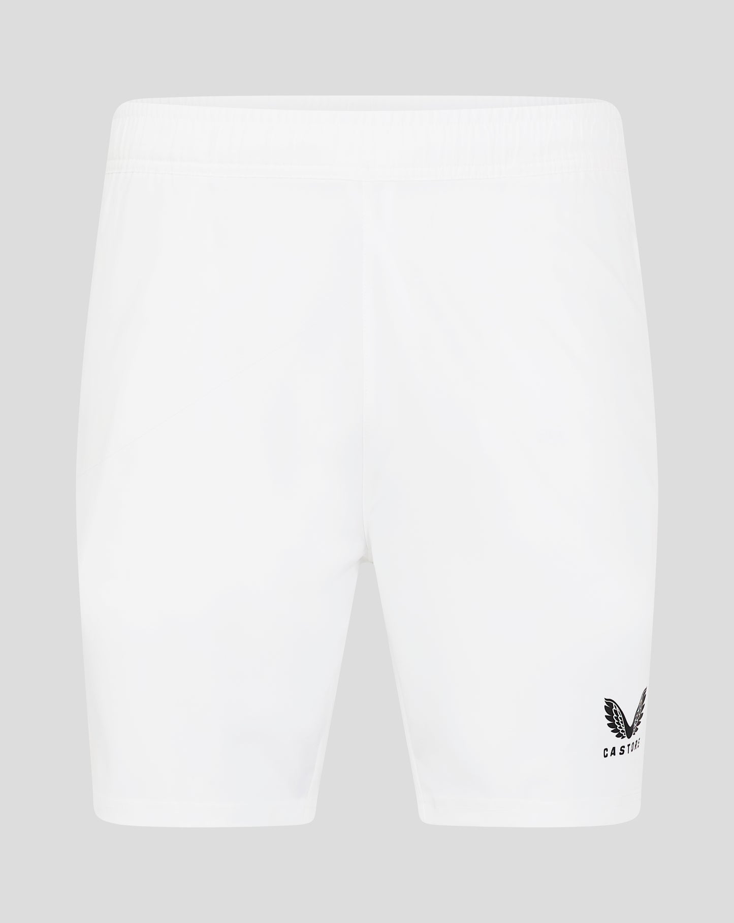 White woven training shorts with elastic waistband and zip pockets