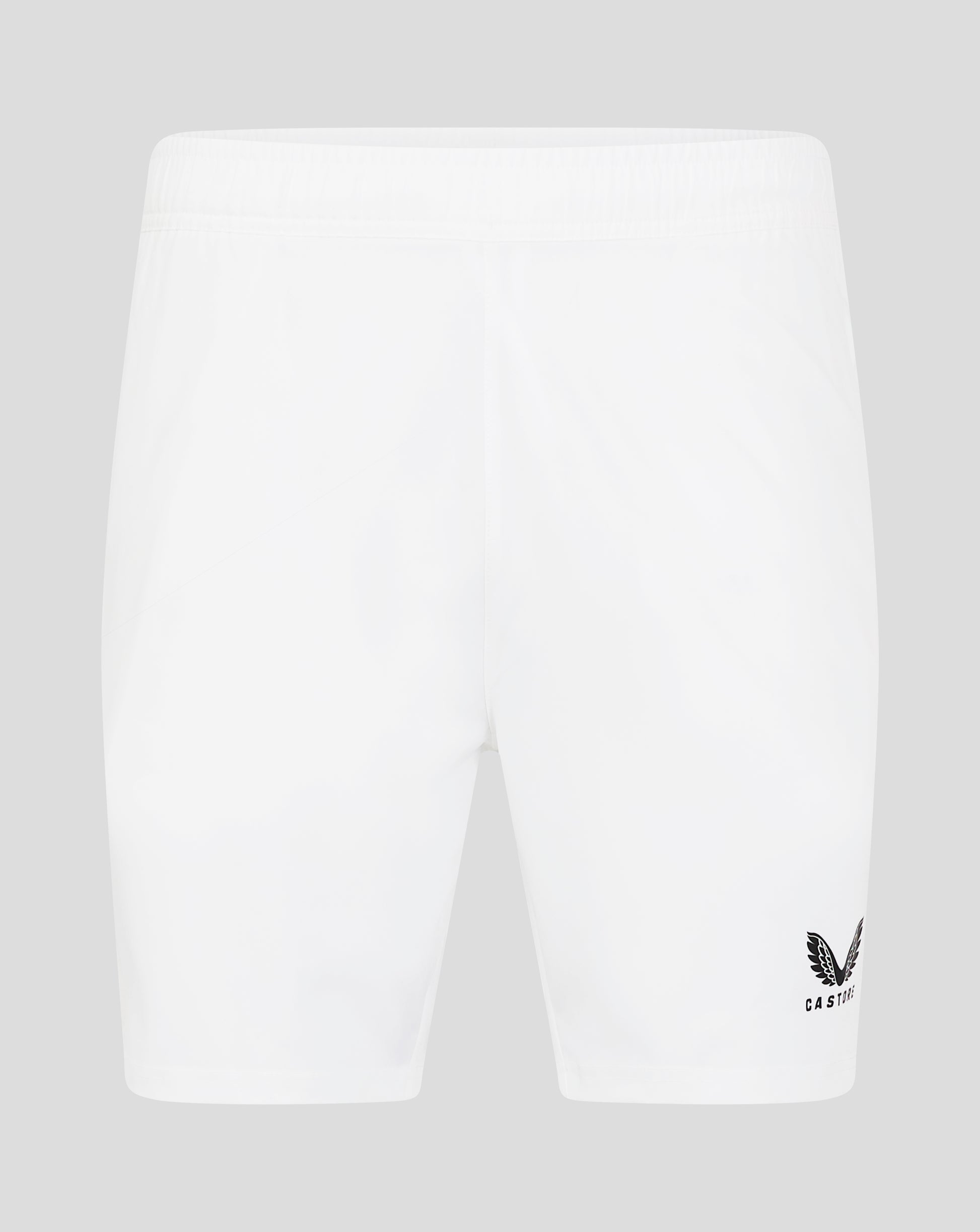 White woven training shorts with elastic waistband and zip pockets