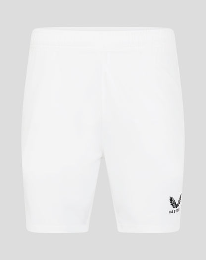 White woven training shorts with elastic waistband and zip pockets