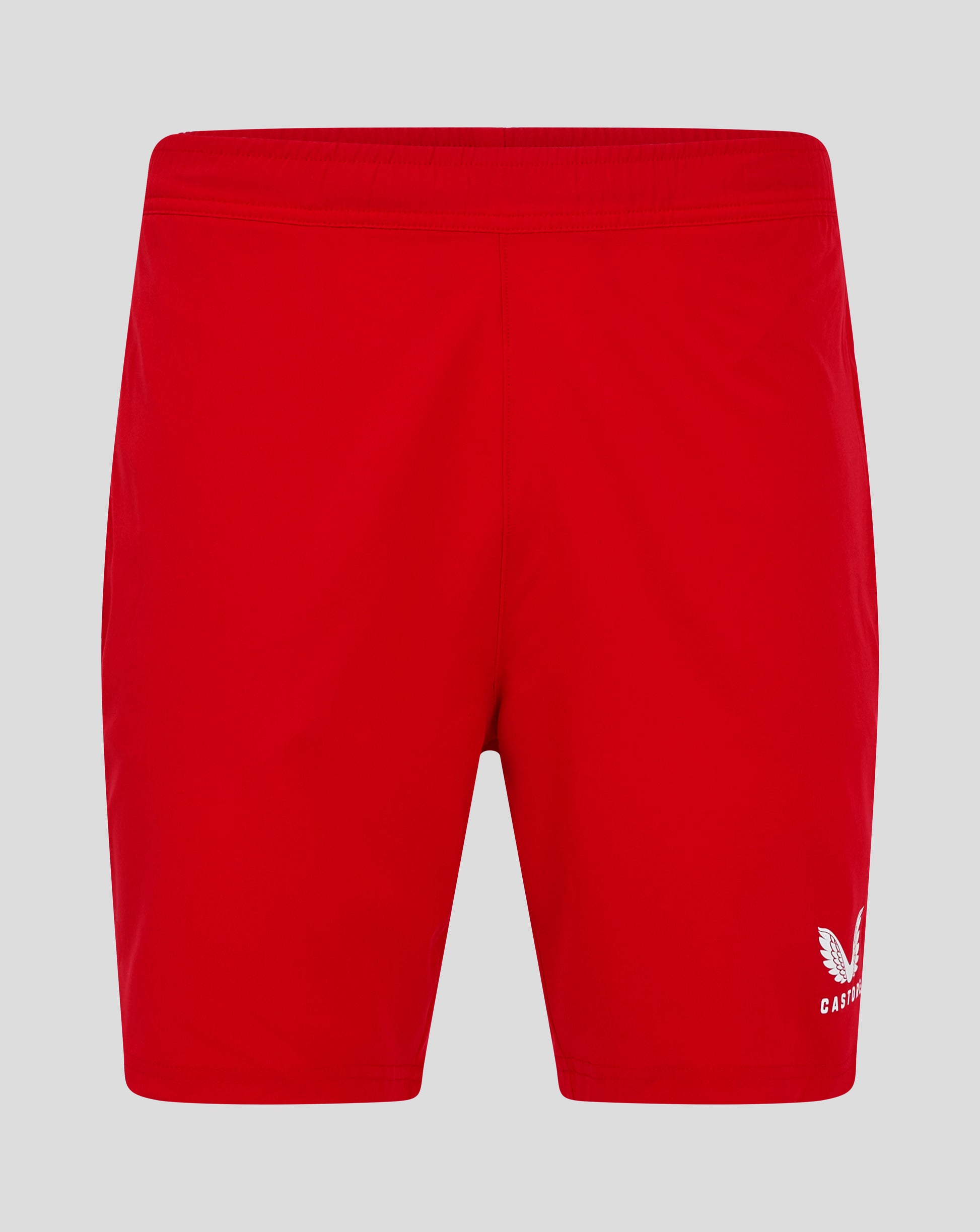 True red Mens Woven Training Short with white Castore wing logo at the lower right leg