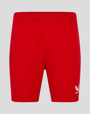 True red Mens Woven Training Short with white Castore wing logo at the lower right leg