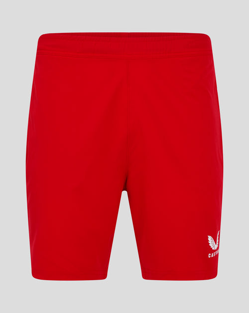 True red Mens Woven Training Short with white Castore wing logo at the lower right leg