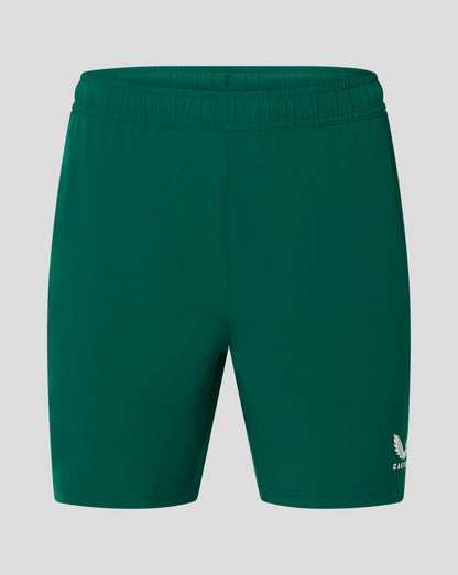 Back view of green Botanical Garden woven training shorts with elastic waistband and Castore logo at the leg hem.