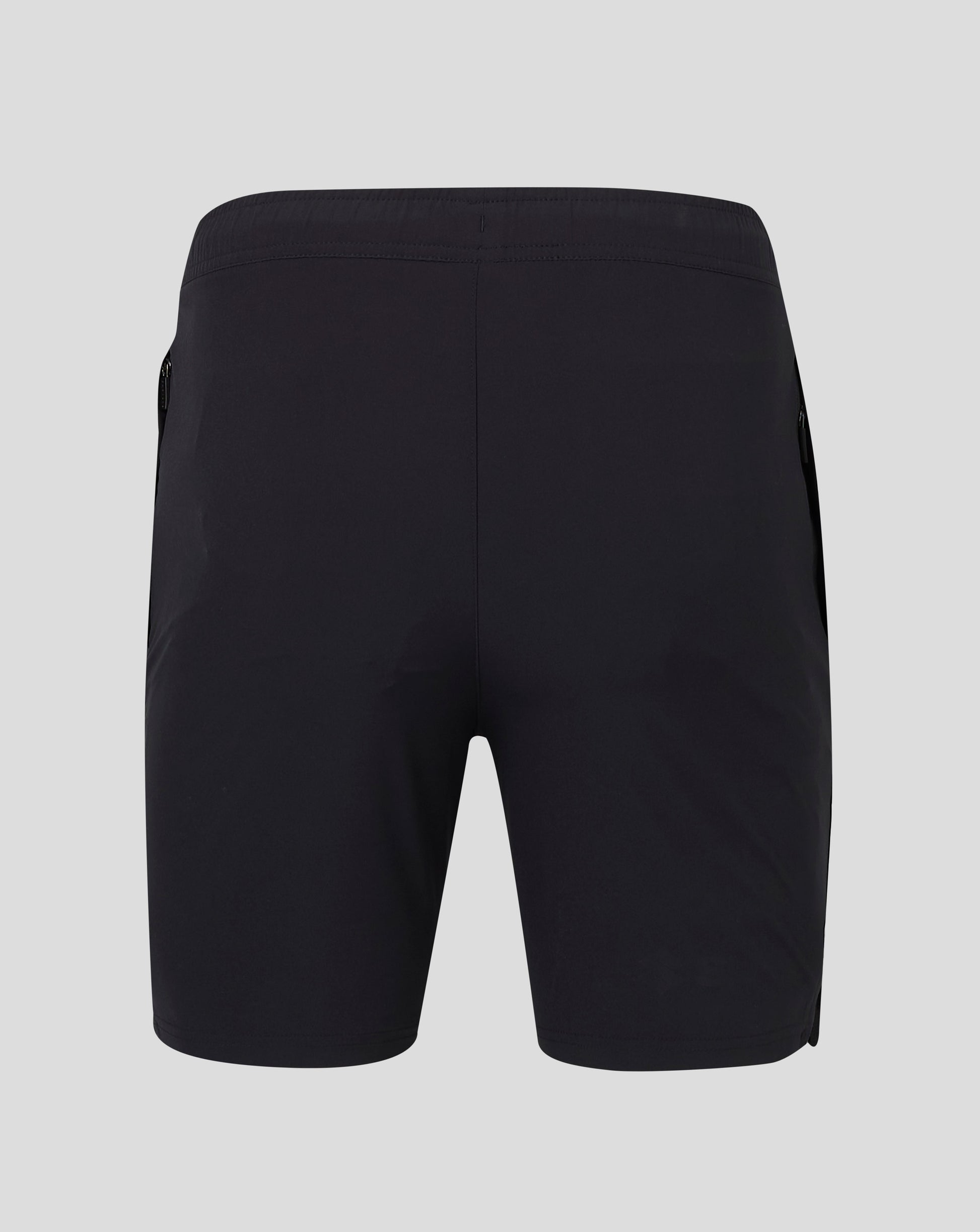 Back view of black Mens Woven Training Short with Castore logo on lower right leg