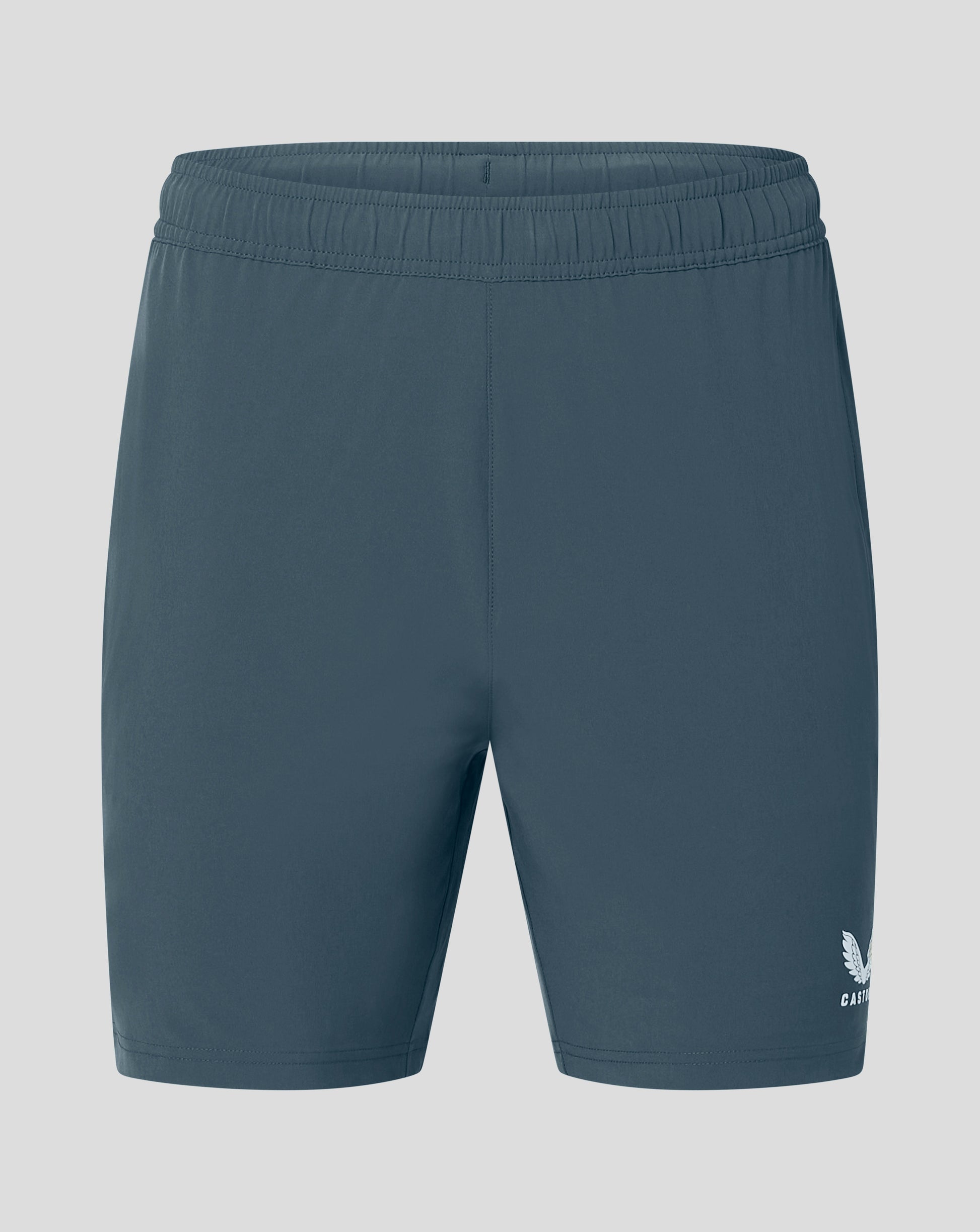 Drawcord at waistband close-up of dark slate woven training shorts with stitched waist