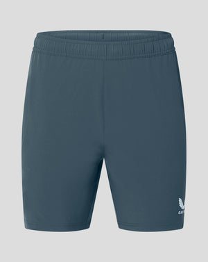 Drawcord at waistband close-up of dark slate woven training shorts with stitched waist