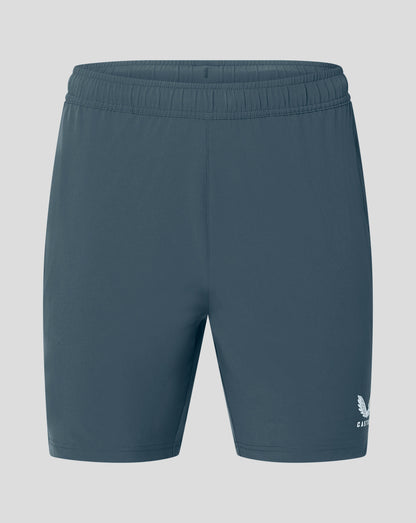 Drawcord at waistband close-up of dark slate woven training shorts with stitched waist