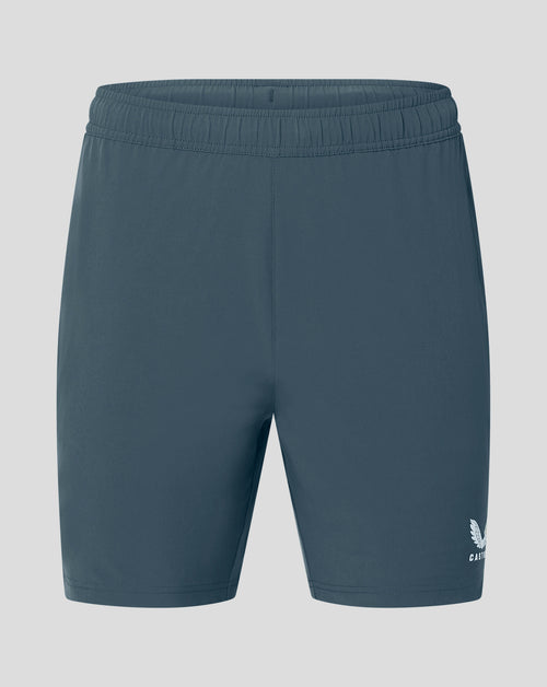 Drawcord at waistband close-up of dark slate woven training shorts with stitched waist