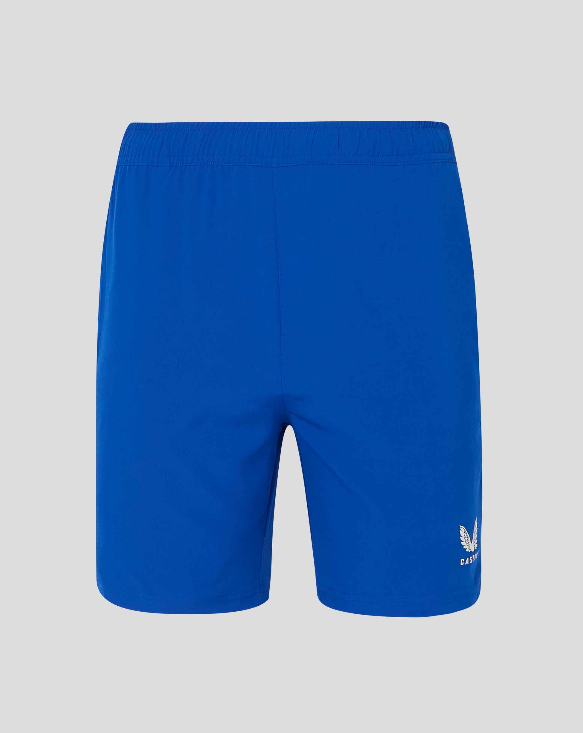 Blue men's woven training shorts back view with elastic waistband