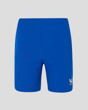 Blue men's woven training shorts back view with elastic waistband