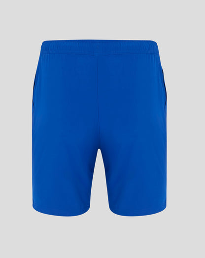Blue men's woven training shorts front view with elastic waistband and Castore logo on the lower leg