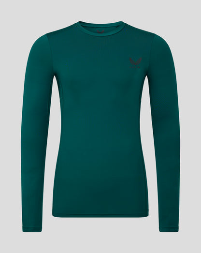 Teal green Baselayer long sleeve top with self fabric crew neck collar underarm and side panels and Castore logo