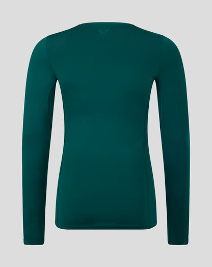 Back view of teal botanical garden Baselayer long sleeve top showing panel detailing and Castore logo at the neckline