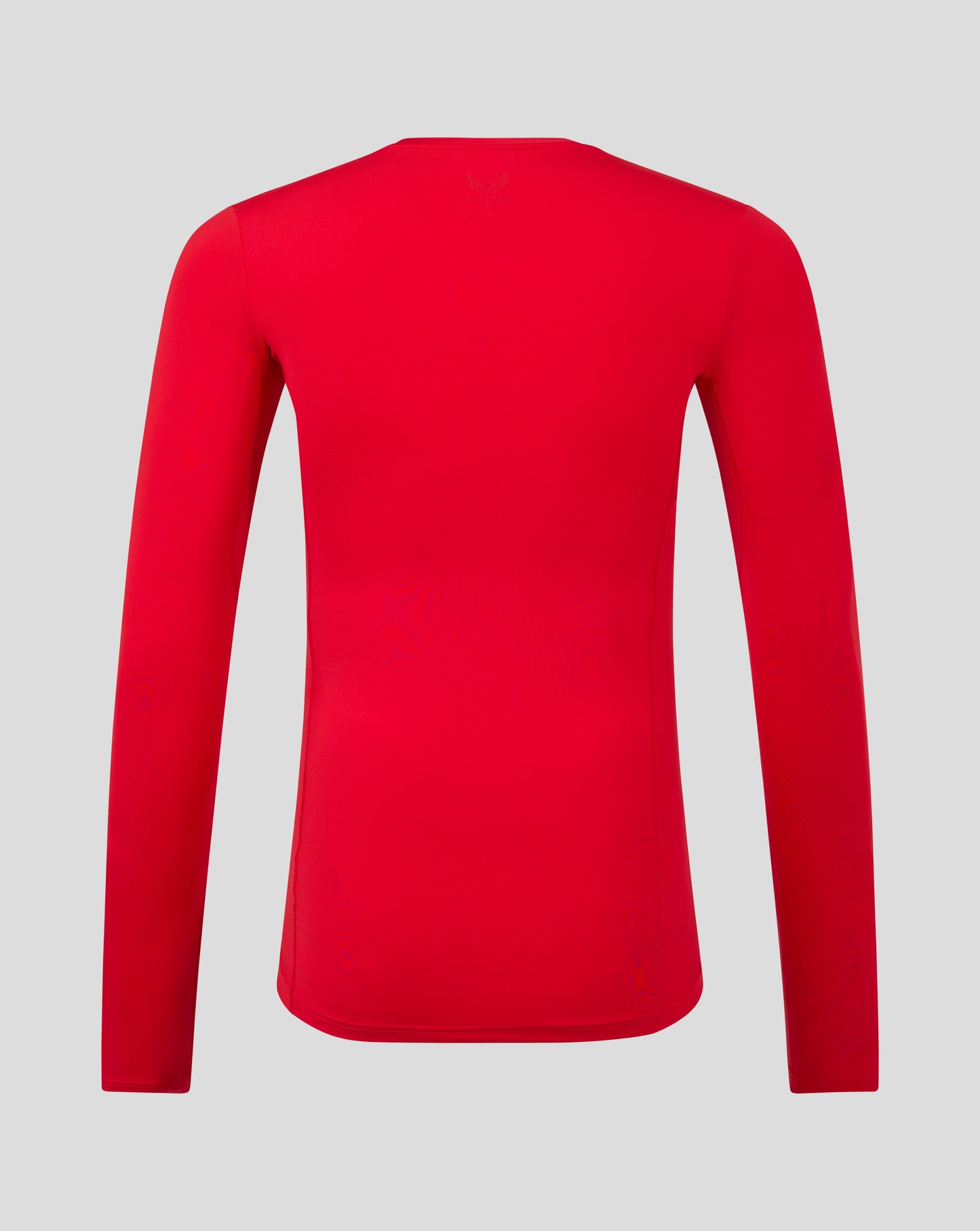Back view of bright red mens baselayer long sleeve top with subtle logo on the upper back