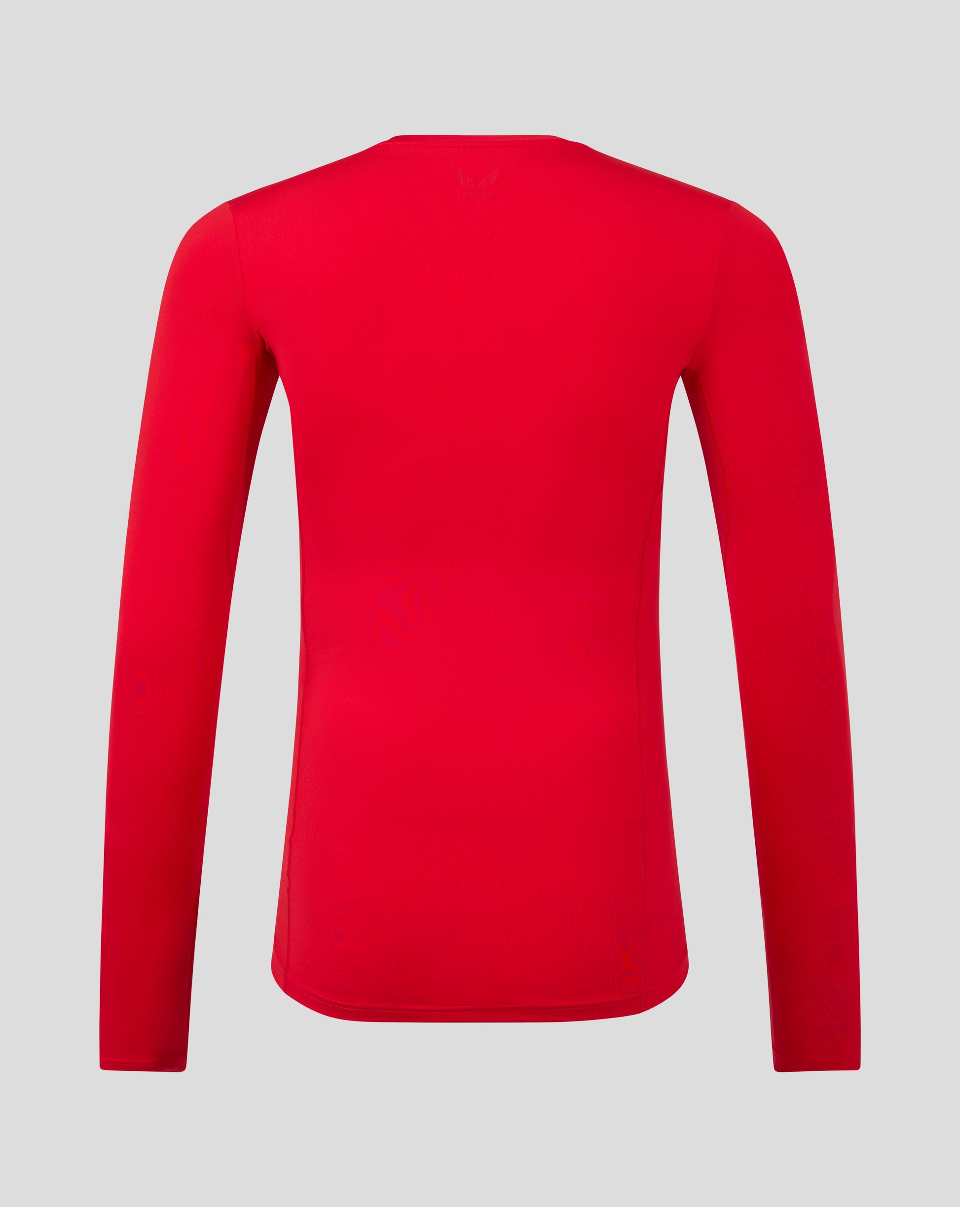 Back view of bright red mens baselayer long sleeve top with subtle logo on the upper back