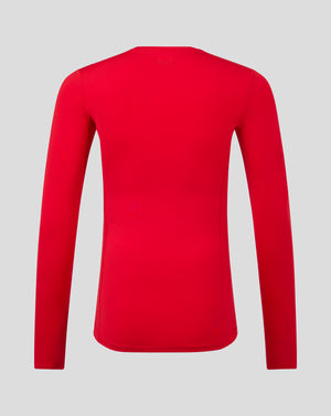 Back view of bright red mens baselayer long sleeve top with subtle logo on the upper back