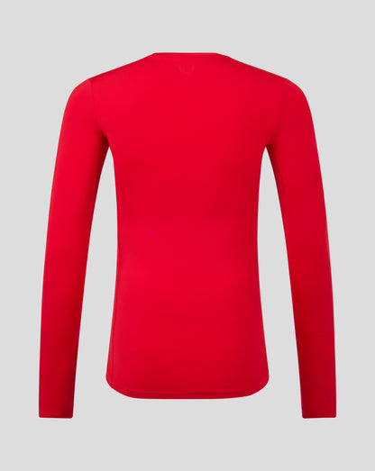 Back view of bright red mens baselayer long sleeve top with subtle logo on the upper back