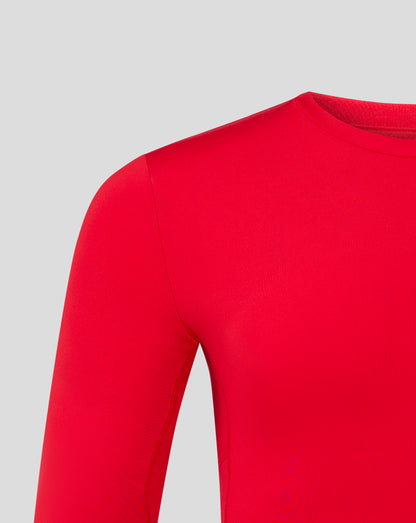 Close up of red baselayer sleeve and shoulder showing smooth fabric and seam