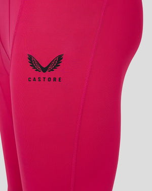 Beetroot purple mens baselayer legging close up of Castore wing logo on thigh