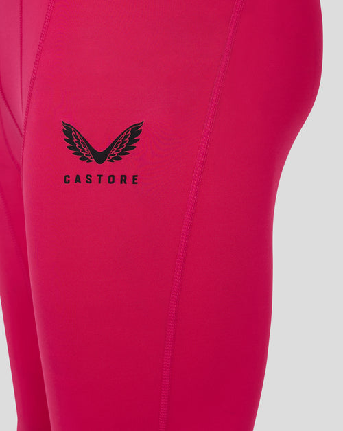 Beetroot purple mens baselayer legging close up of Castore wing logo on thigh