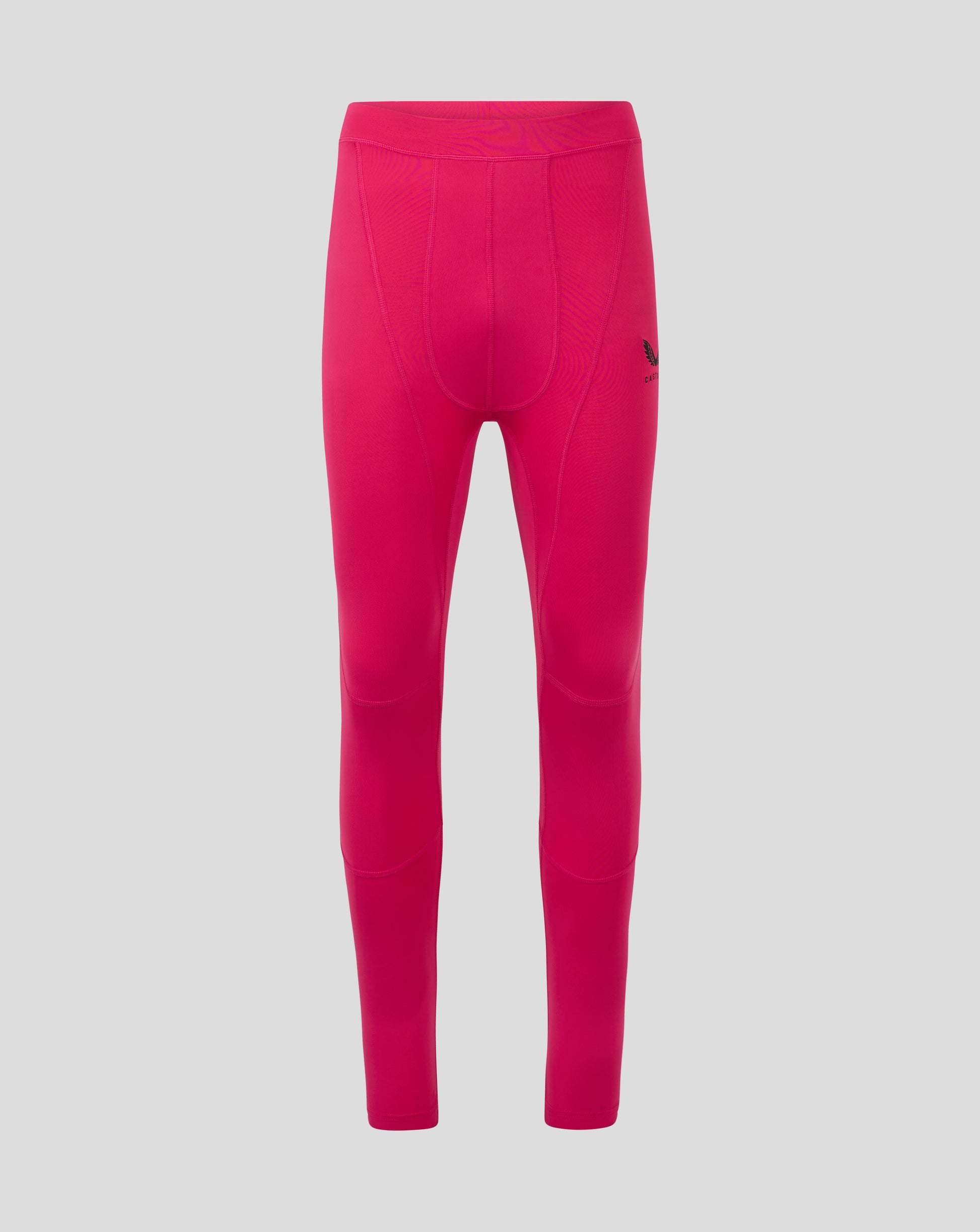 Back view of Beetroot purple mens baselayer legging with curved seam panels and Castore logo at right hip