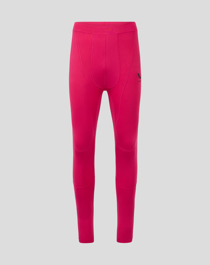 Back view of Beetroot purple mens baselayer legging with curved seam panels and Castore logo at right hip
