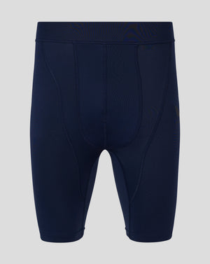 Back view of navy Baselayer leggings with self fabric waistband and panel seams