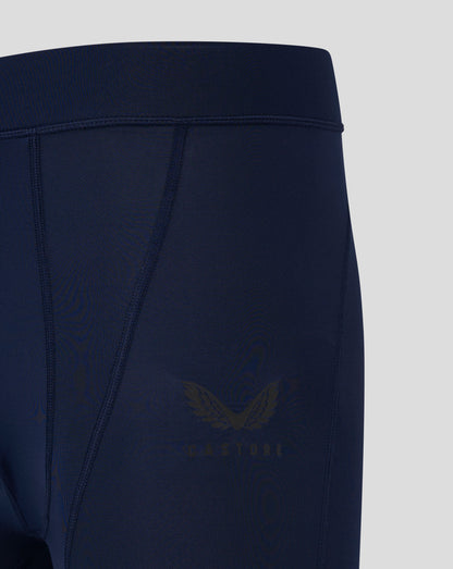 Close up of navy Peacoat baselayer legging highlighting waistband and seam panel detailing