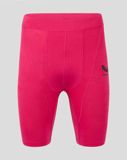 Beetroot purple mens baselayer short back view close up of folded waistband and panel seams with heat sealed Castore logo