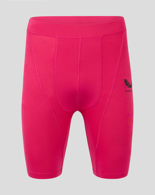 Beetroot purple mens baselayer short back view close up of folded waistband and panel seams with heat sealed Castore logo