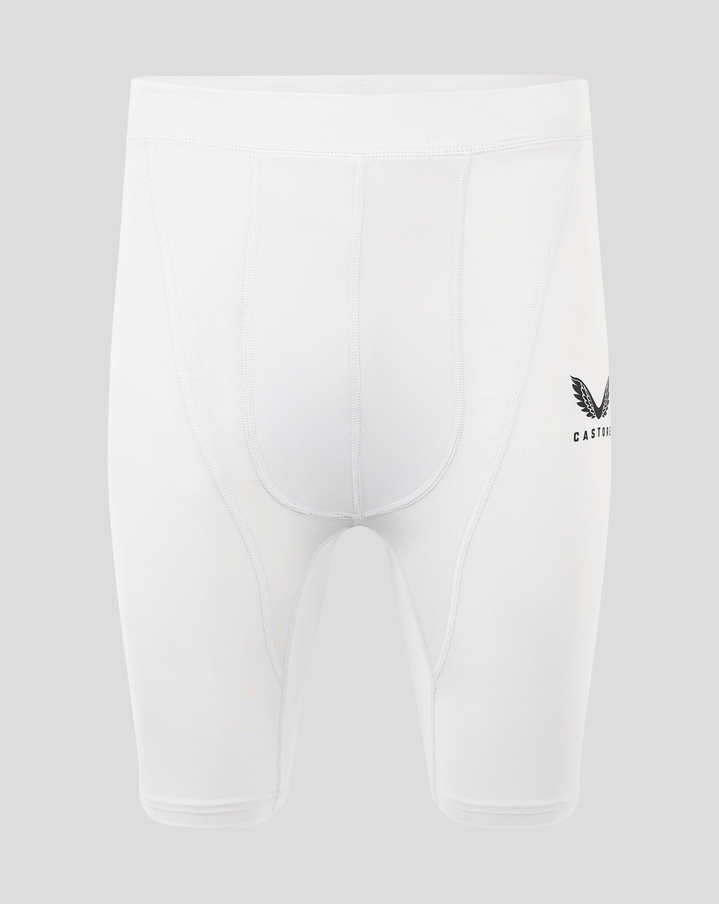 Rear view of white mens baselayer shorts showing folded waistband and panel seams with a heat sealed Castore logo